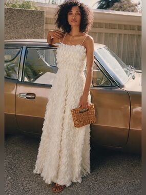 Couture Ivory Soutache Ribbon Appliqué Textured Ruffle Dress New Medium